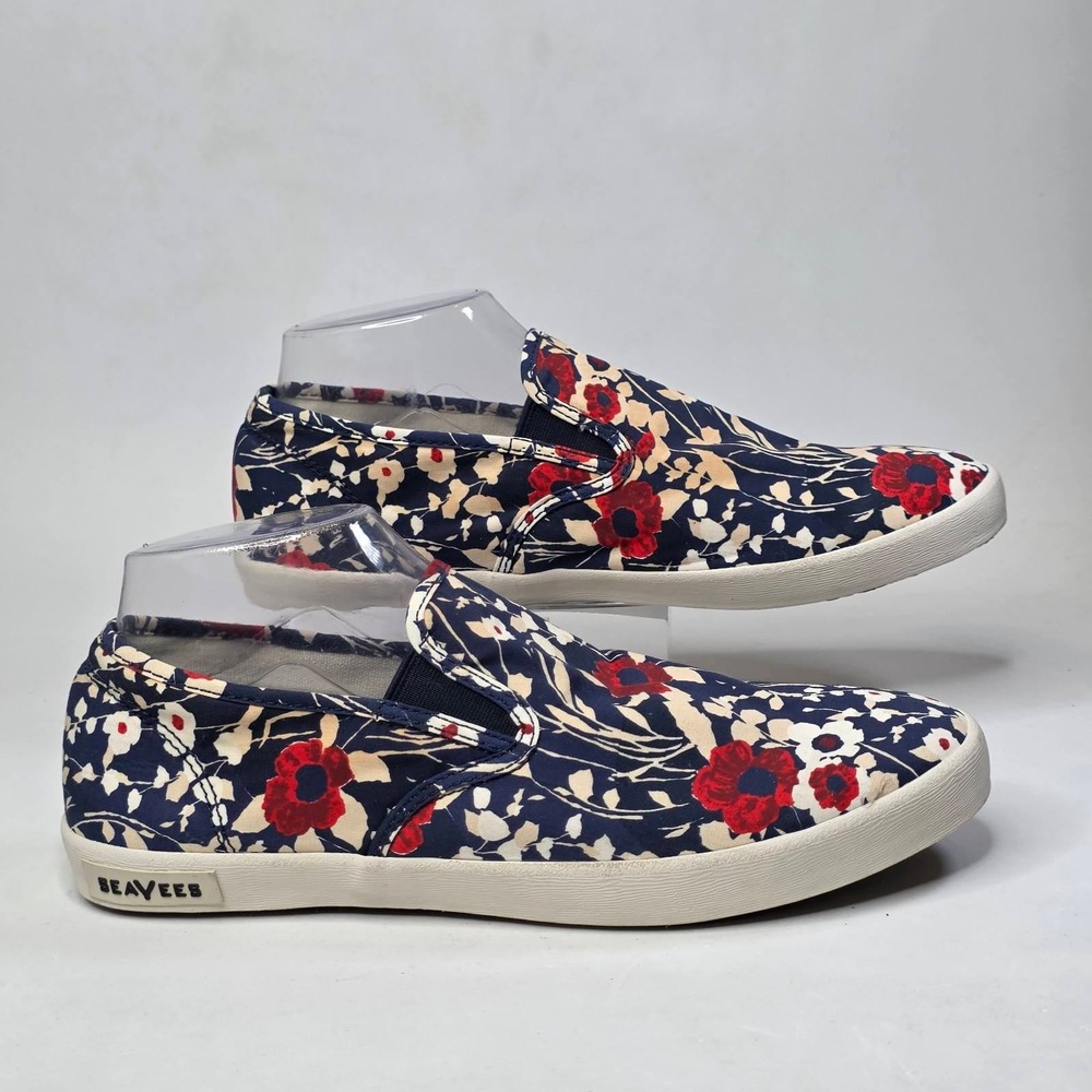 SeaVees Baja Slip On Trina Turk Poplin Twill Navy Blue Floral Sneakers Women's 9